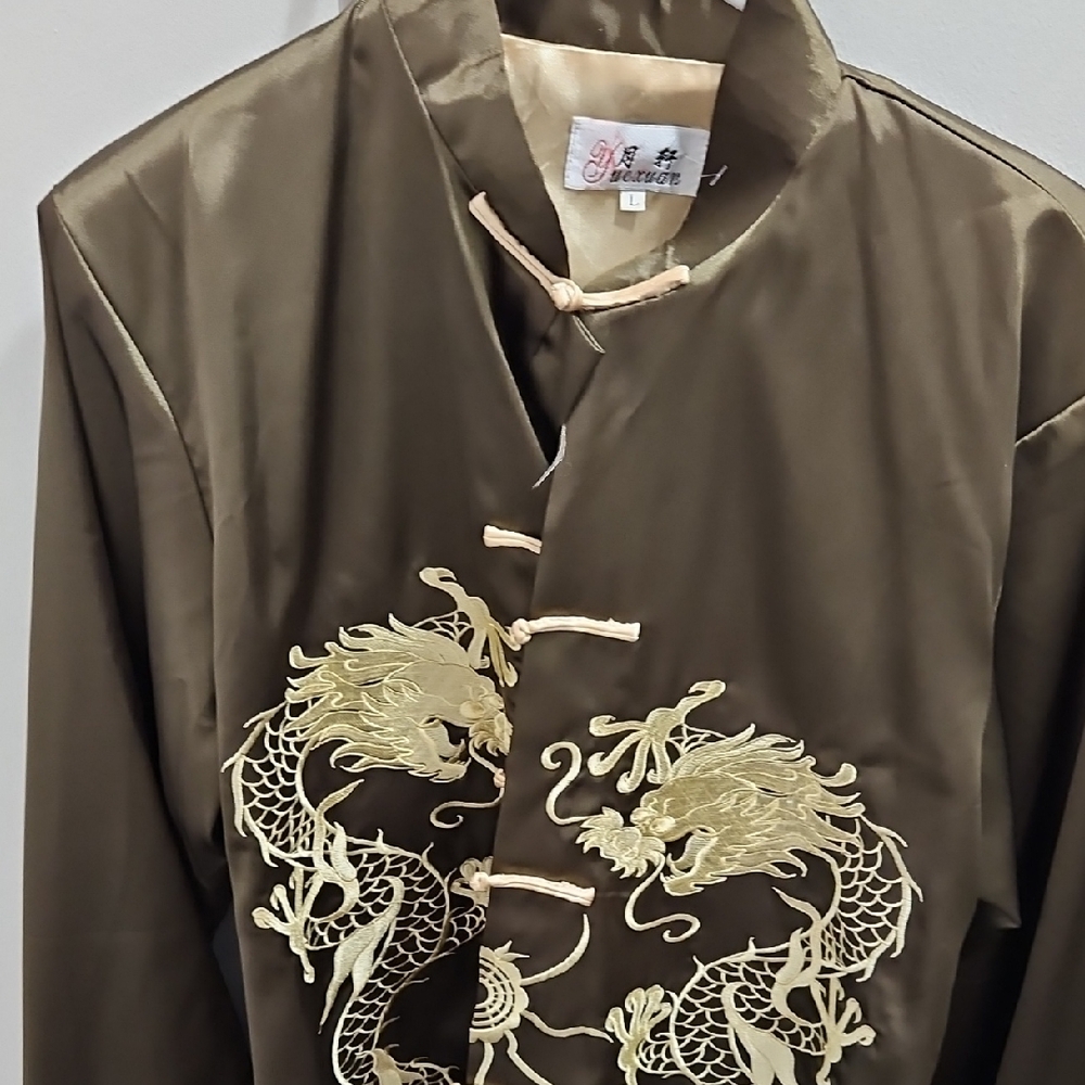 Brown and Gold Dragon Embroidered Kimono with Mandarin Collar